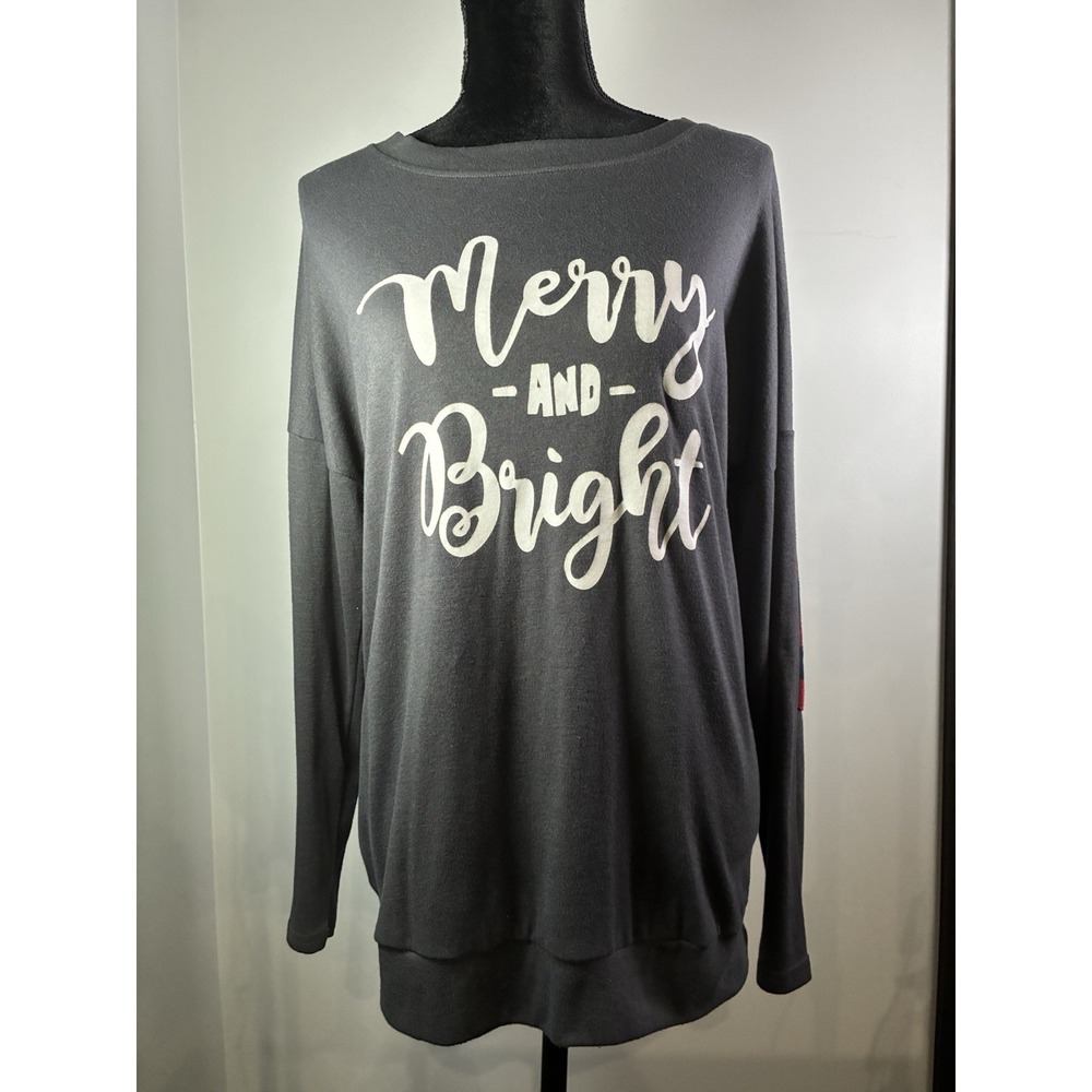 Leo Rosi Medium Merry And Bright Christmas Long Sleeve Buffalo Plaid Elbows Gray